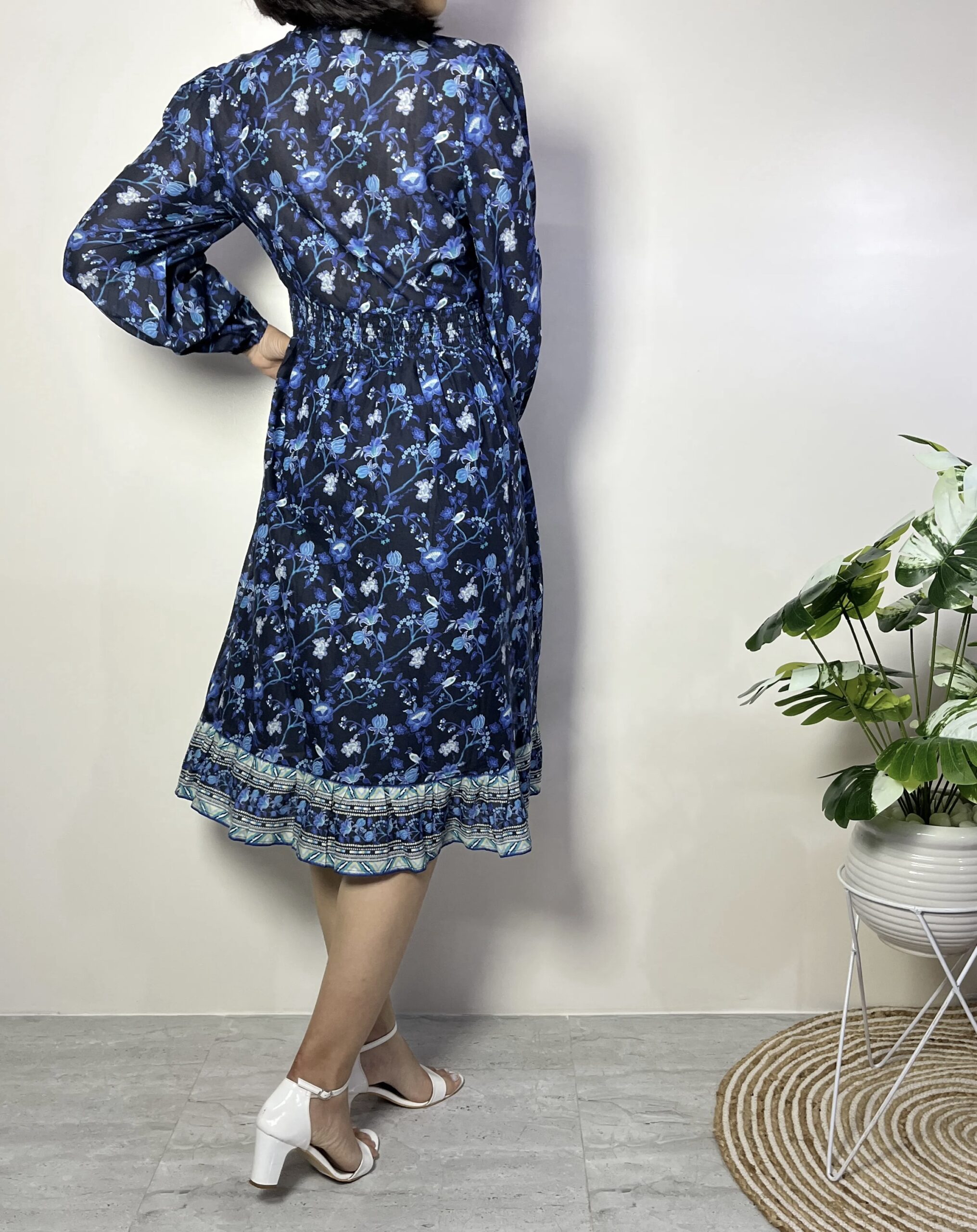 Blue Floral Print Knee Length Dress