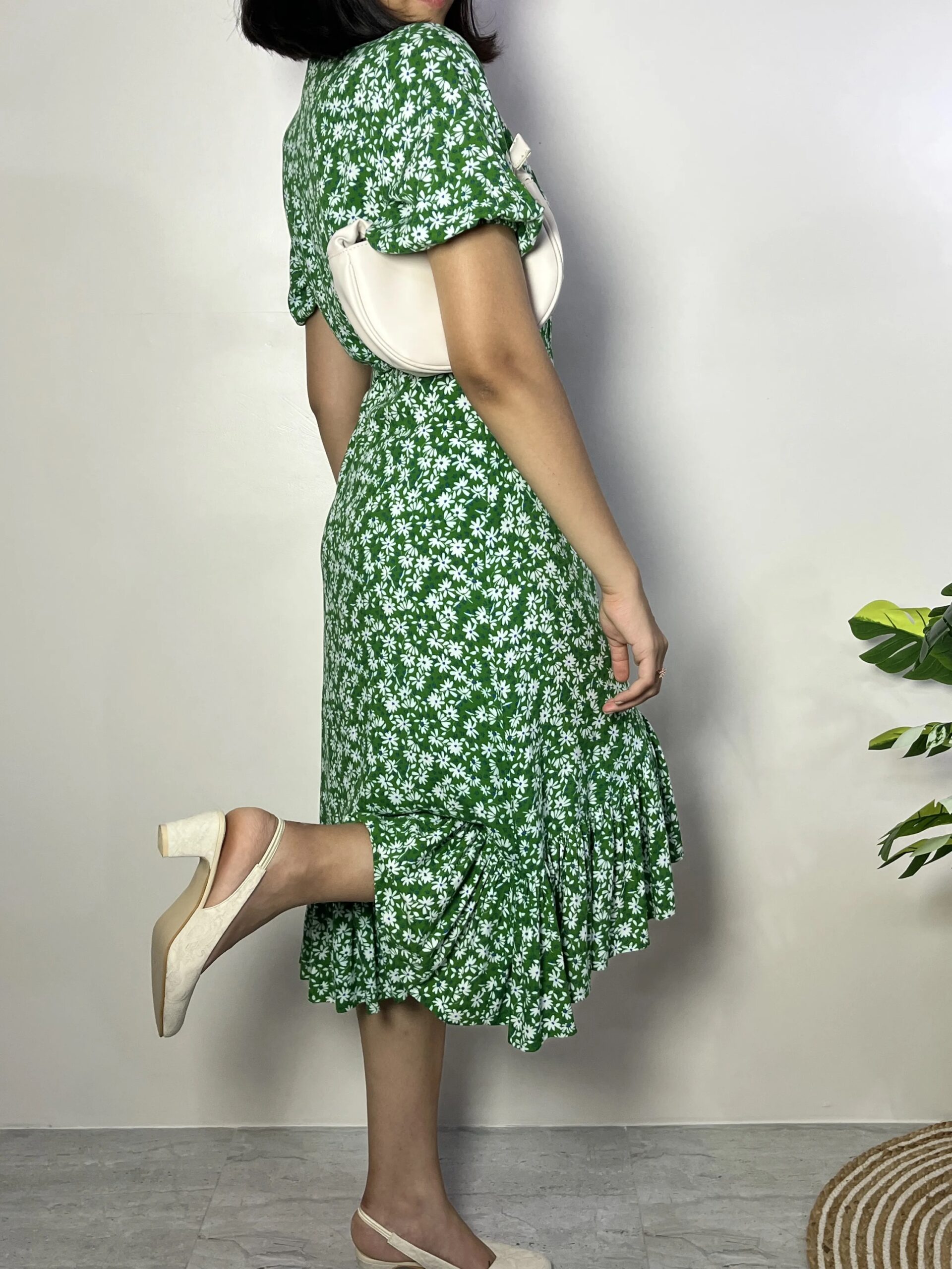Green And White Floral Wrap Dress