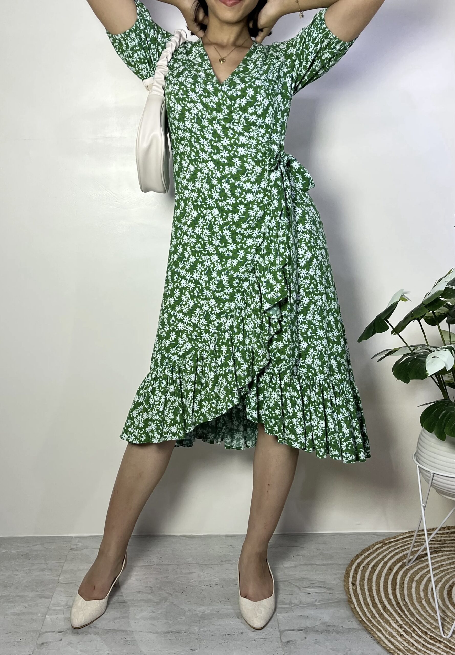 Green And White Floral Wrap Dress