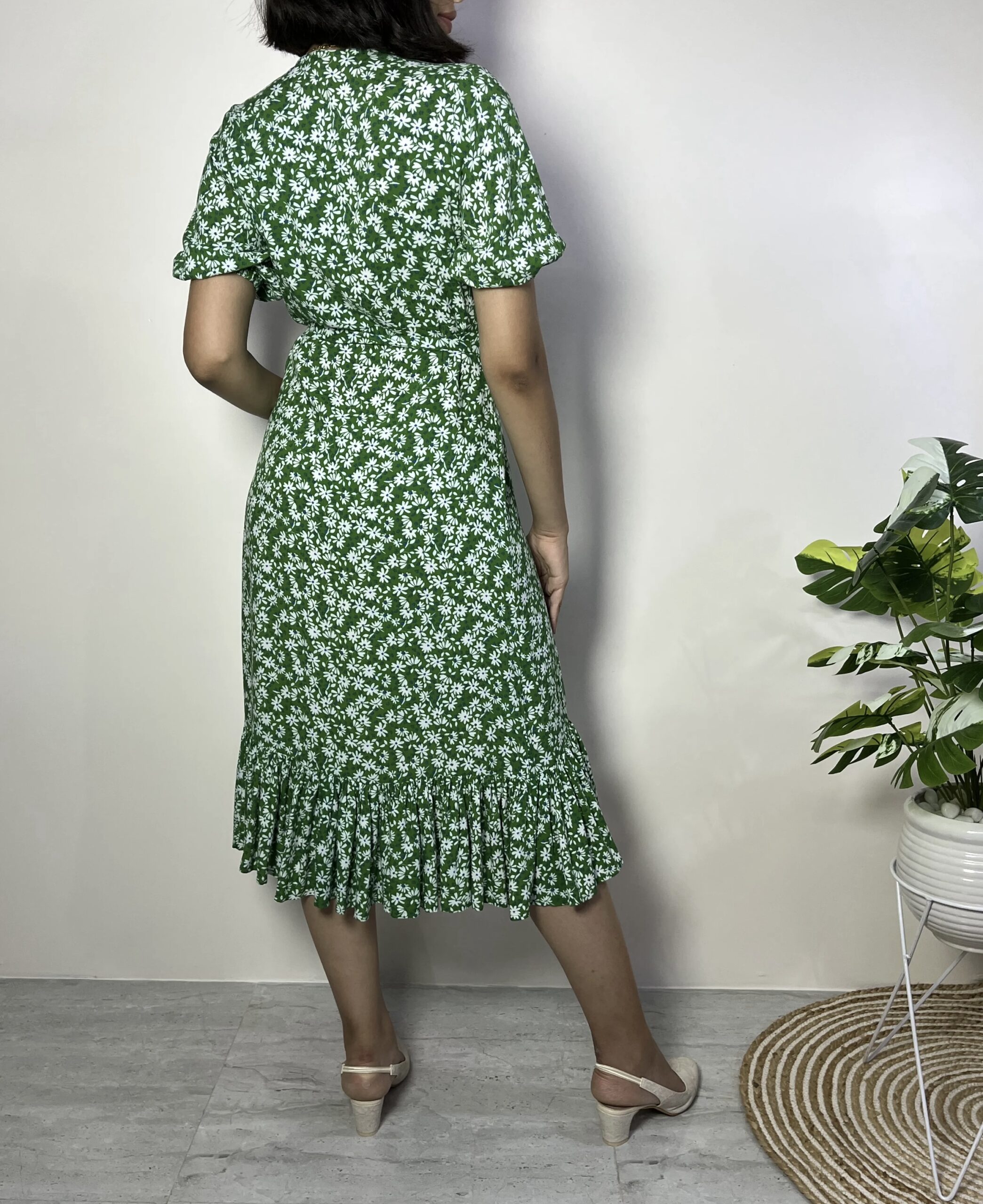 Green And White Floral Wrap Dress
