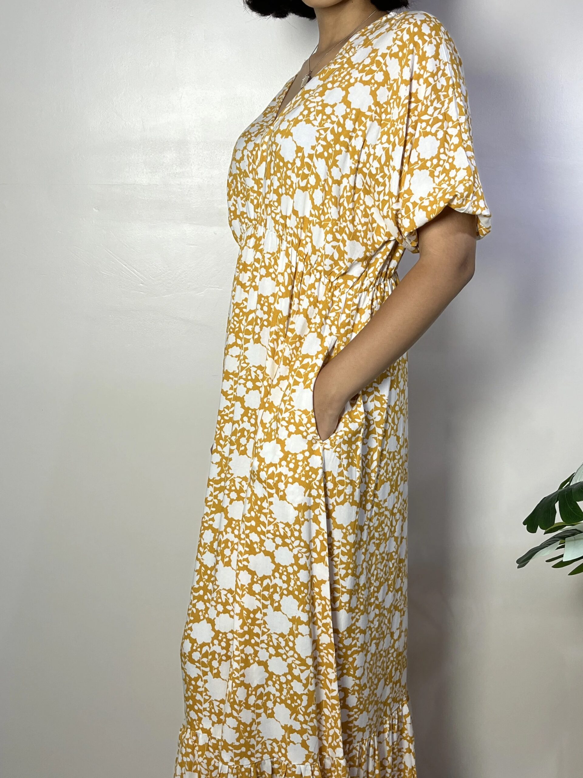 Mustard And White Floral Kimono Maxi Dress