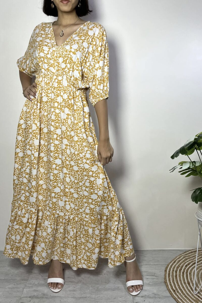 Mustard And White Floral Kimono Maxi Dress