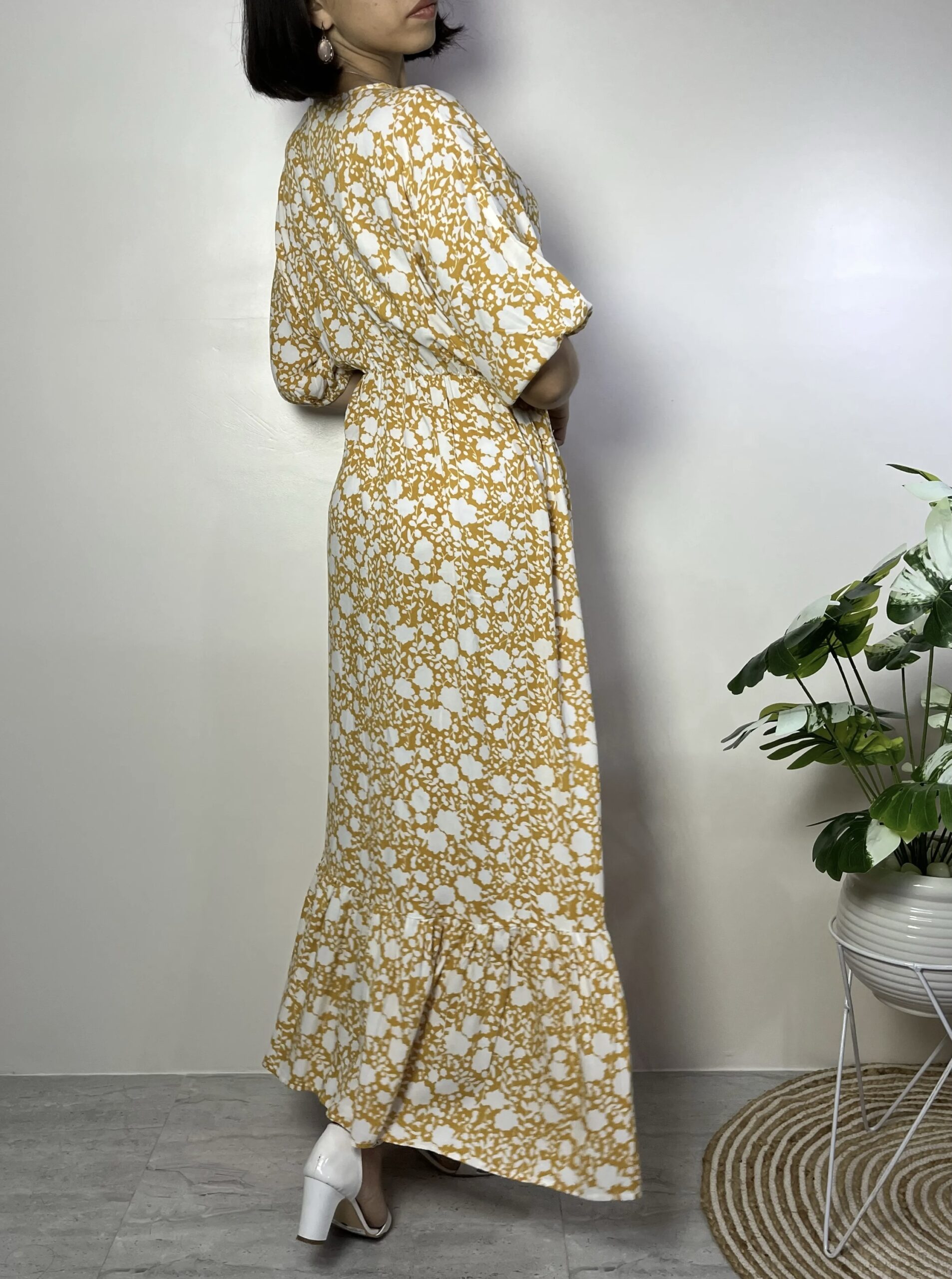 Mustard And White Floral Kimono Maxi Dress