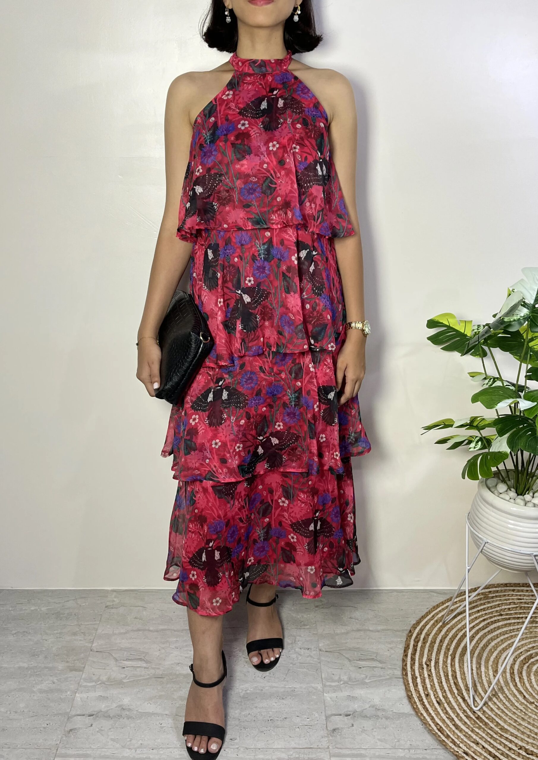 Red Bird Print Tiered Dress