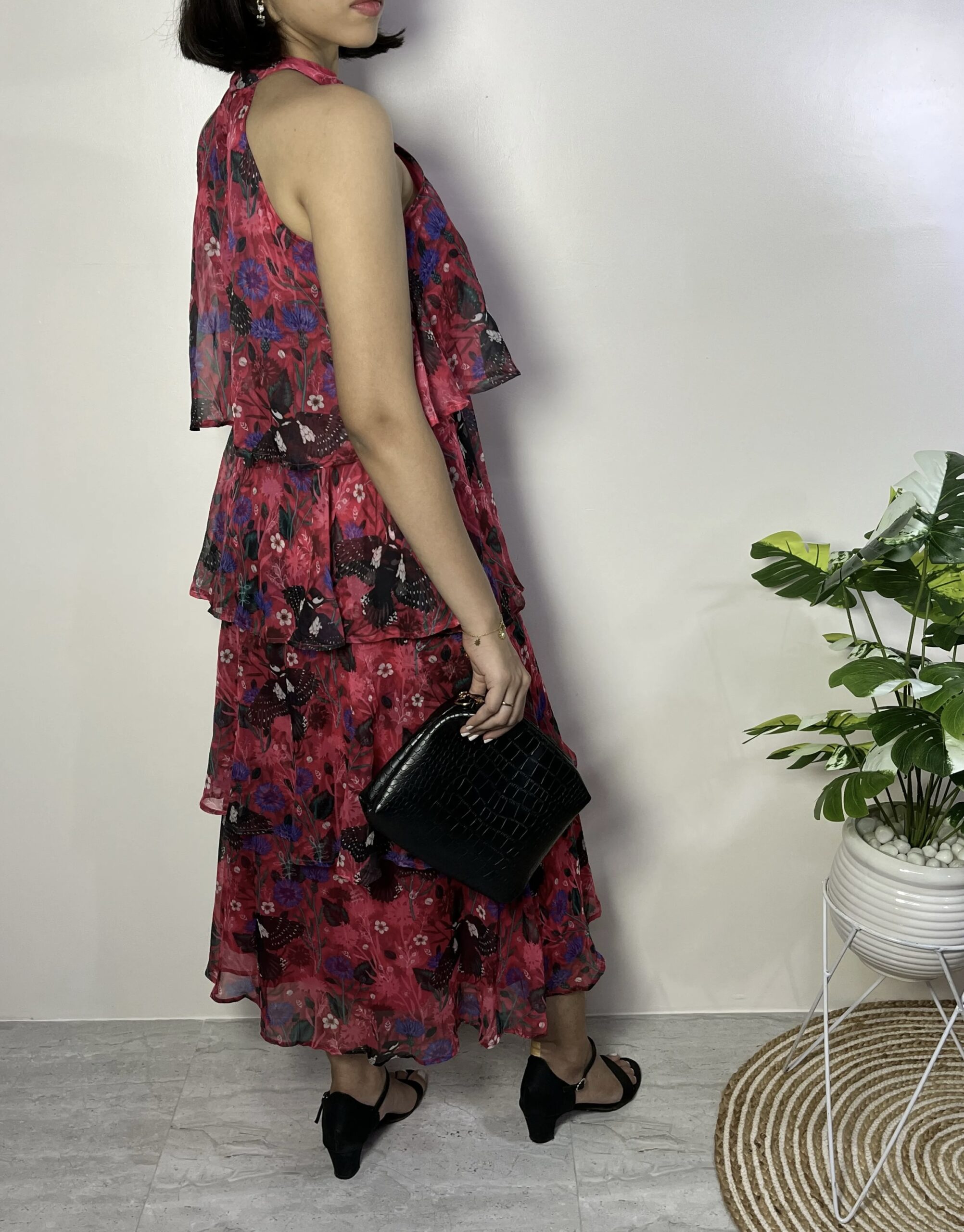 Red Bird Print Tiered Dress