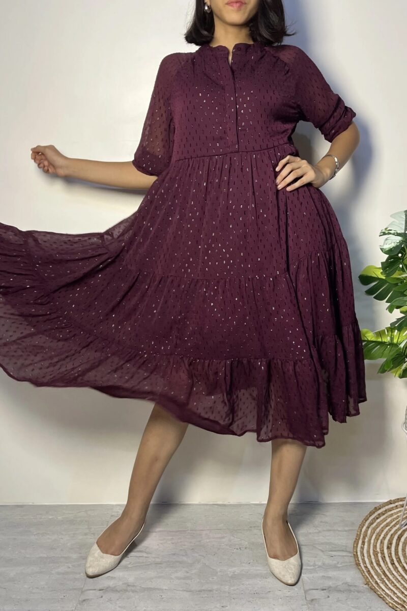 Wine Tiered Lurex Midi Dress